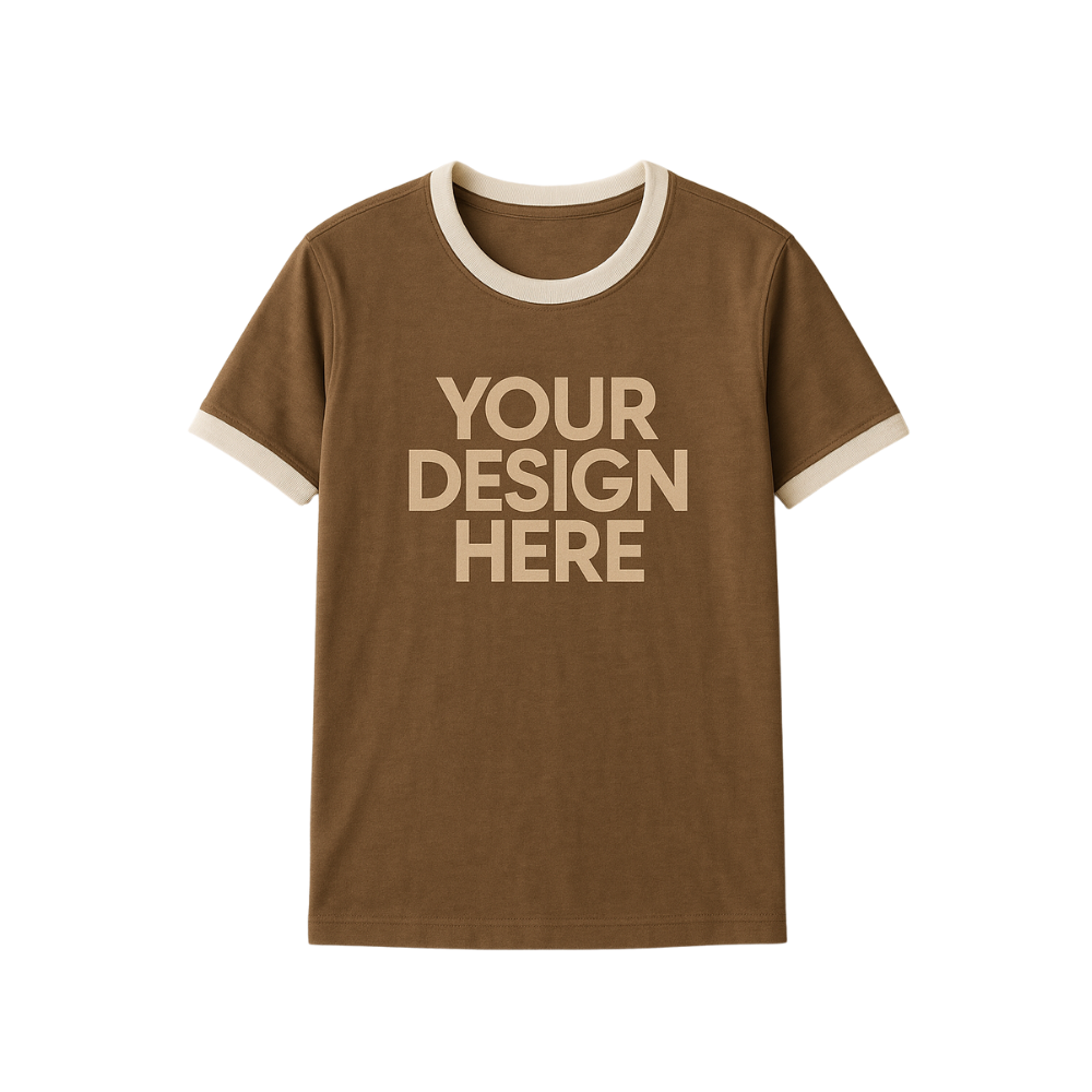 Brown t-shirt with white trim and 'Your Design Here' text on a white background
