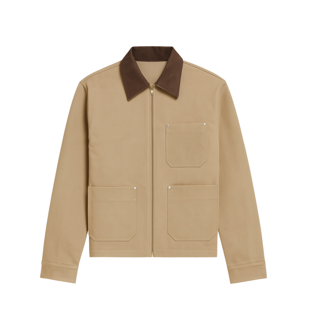 Beige jacket with brown collar on a white background
