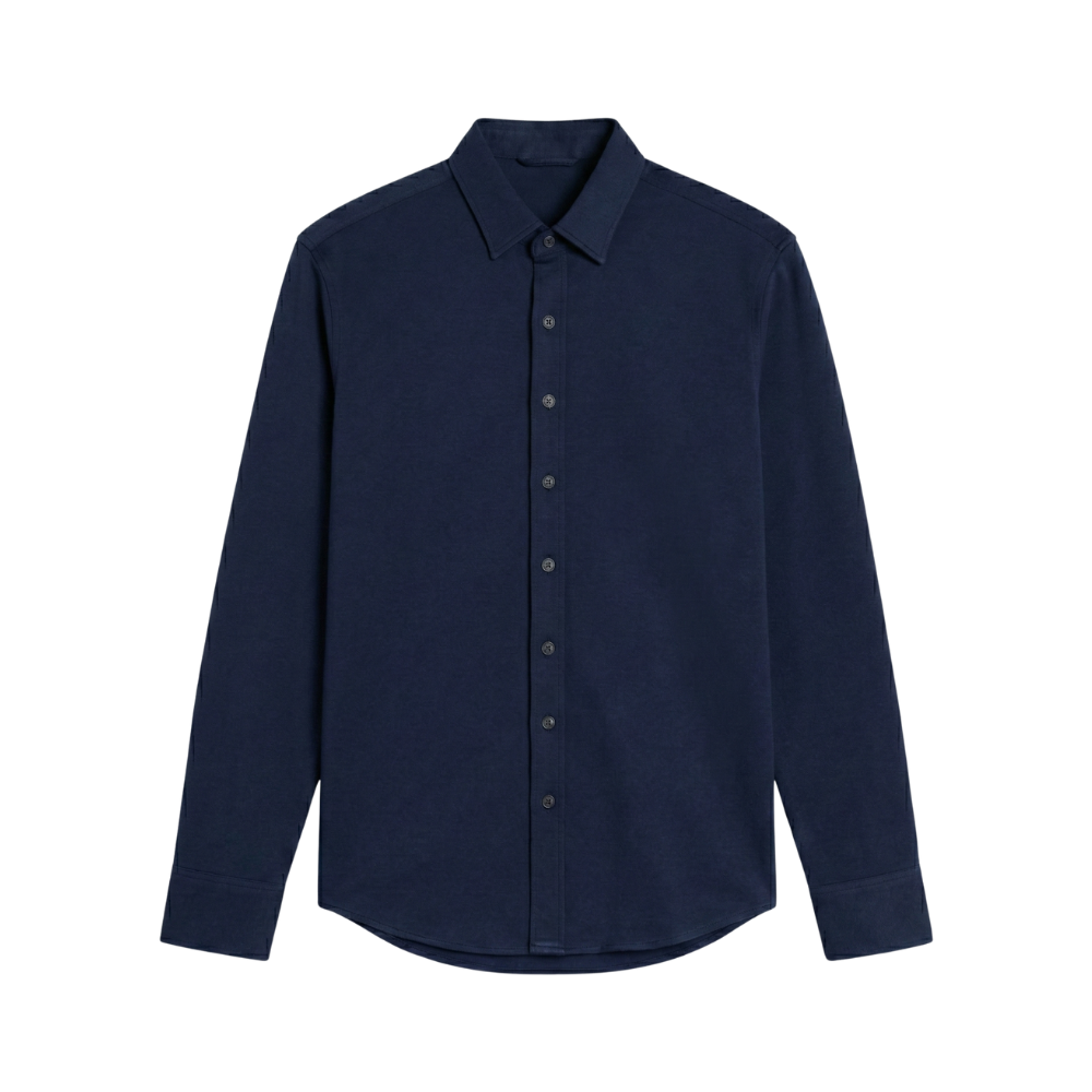 Navy blue button-up shirt on a white background