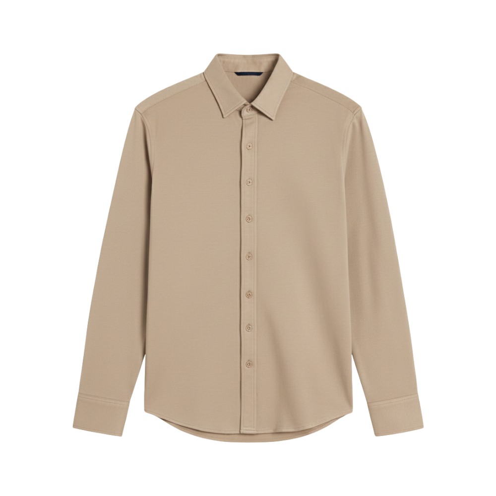 Beige button-up shirt on a white background