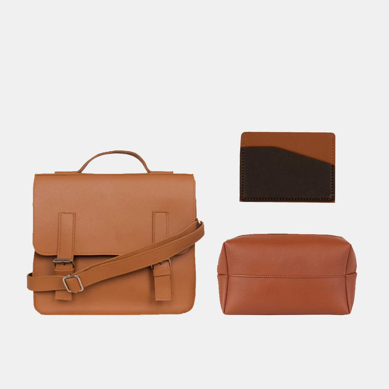 Leather Satchel Bag + Pouch + Card Holder