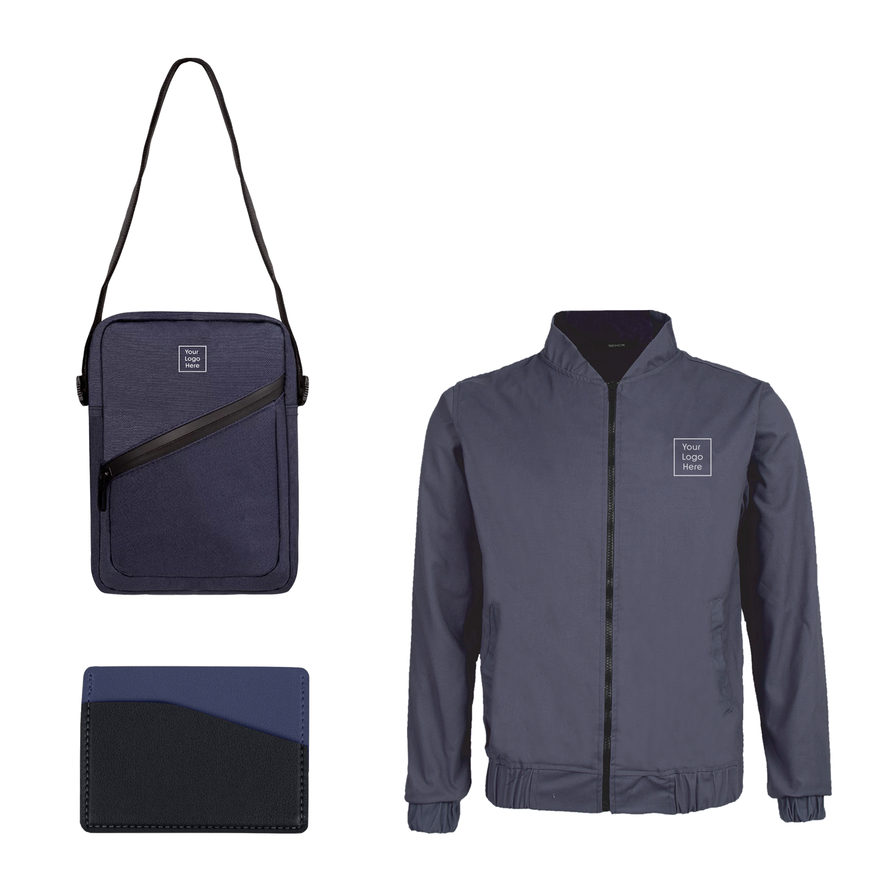 Bundle of corporate jacket, body bag and leather card holder.